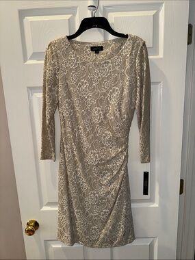 Tahari ASL Beige Lace Sheath Dress with Side Ruching